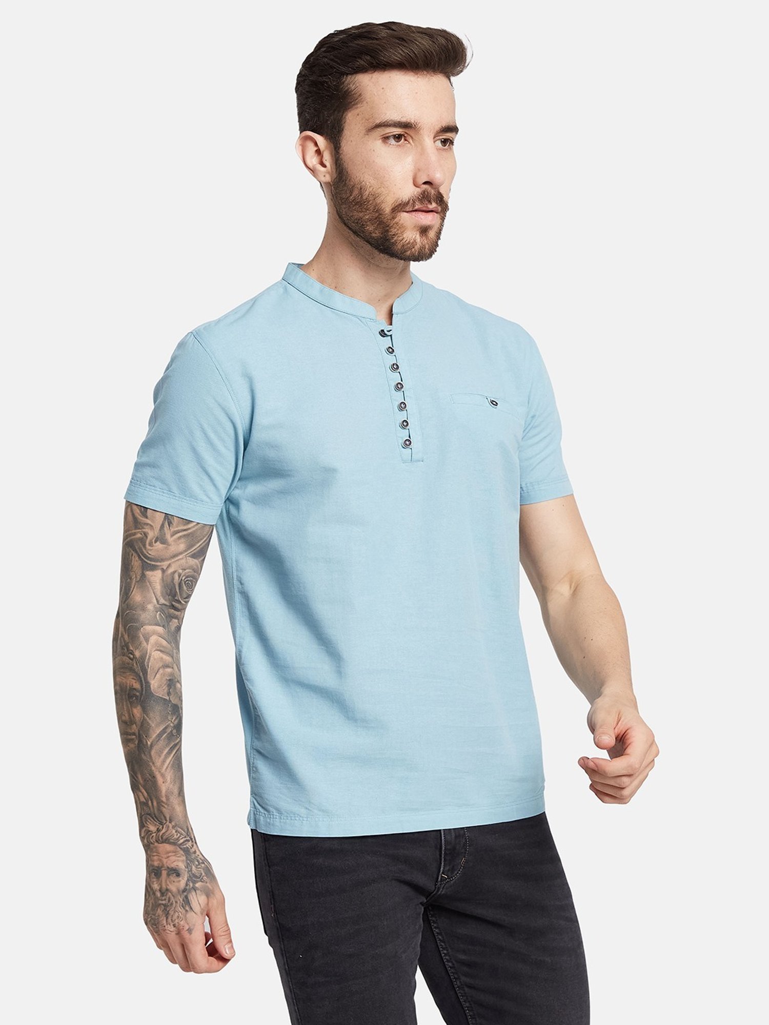 Octave Teal Blue Cotton Regular Fit T-Shirt