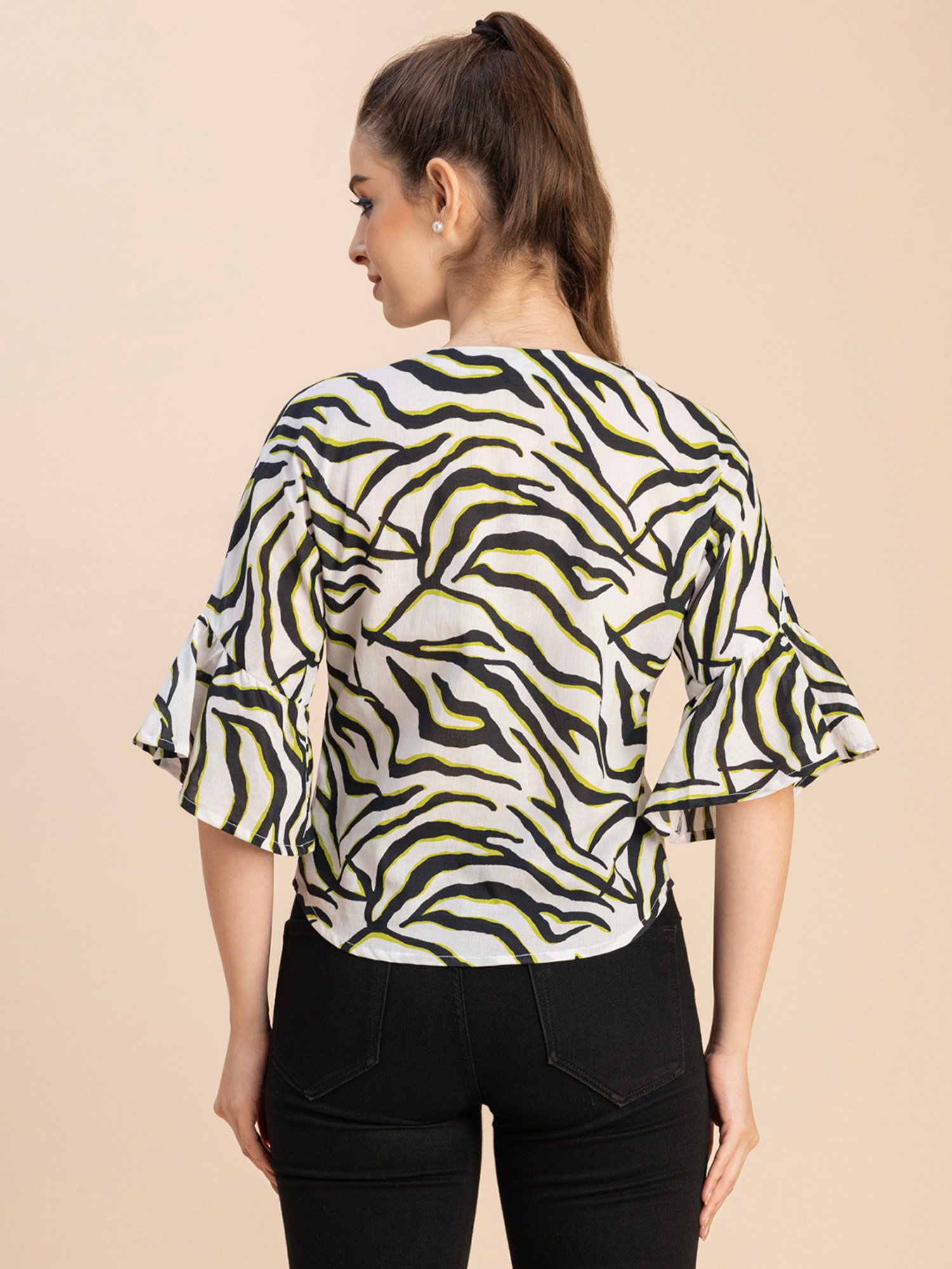Moomaya White & Black Cotton Printed Top
