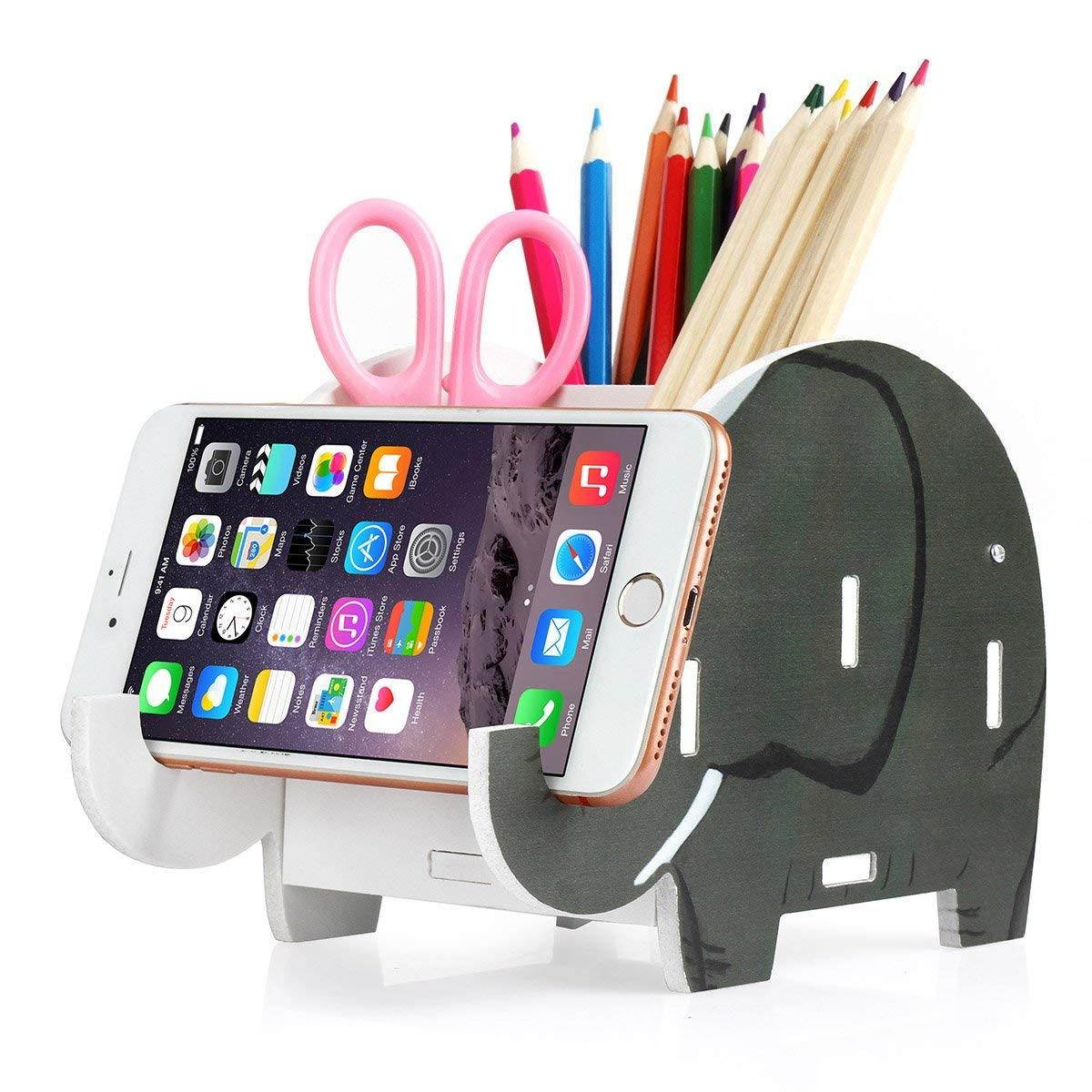 COOLBROS Elephant Pencil Holder with Phone Holder Desk Organizer Desktop Pen Pencil Mobile Phone Bracket Stand Storage Pot Holder Container Stationery Box Organizer (African Elephants)