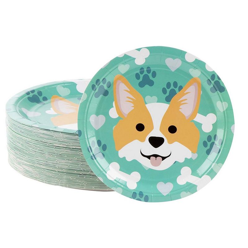 Blue Panda Disposable Plates - 80-Count Paper Plates, Dog Party Supplies, Corgi, 9 x 9 inches