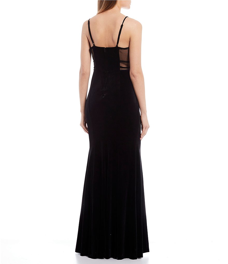 City Vibe Illusion Insets Piped Waist Velvet Sheath Long Dress