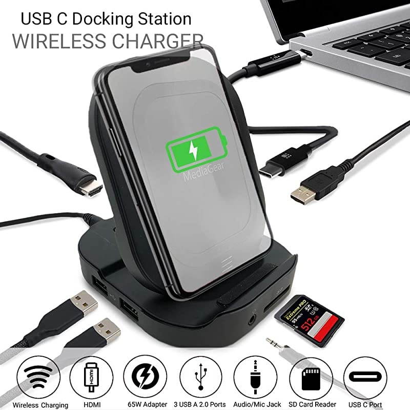 Travel USB C Dock w 45W Power Delivery Wireless Charger 4K60HZ HDMI SD Card Reader 3X USB 20 Ports AudioMic Jack Thunderbolt 3 Compatible Bundle w 65W Adapter USBC to C Cable