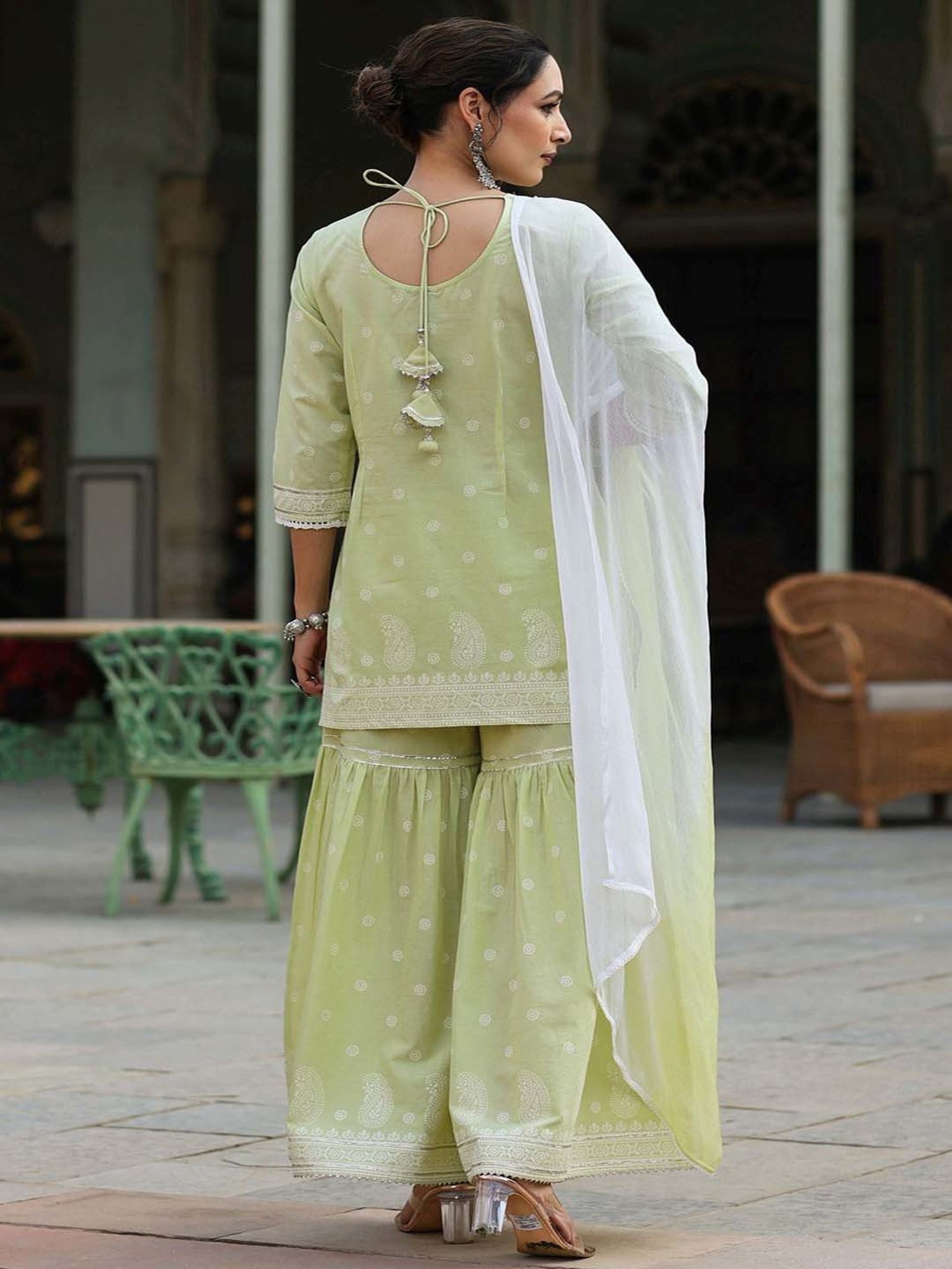 Juniper Lime Green Ethnic Motif Cotton Lacy Kurta Sharara & Dupatta Set With Beads & Sequins Work