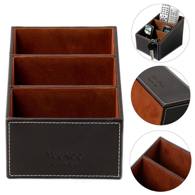 Yaekoo 3 Slots Wooden Struction Leather Multi-function Desk Stationery Organizer Storage Box Pen/Pencil ,Cell phone, Business Name Cards Remote Control Holder Colors (Brown)