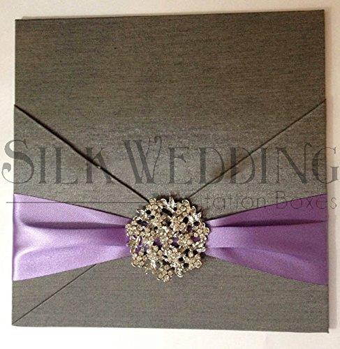 Charcoal Silver and Lilac Silk Invitation Pad adorned With Rhinestone Crystal Brooch