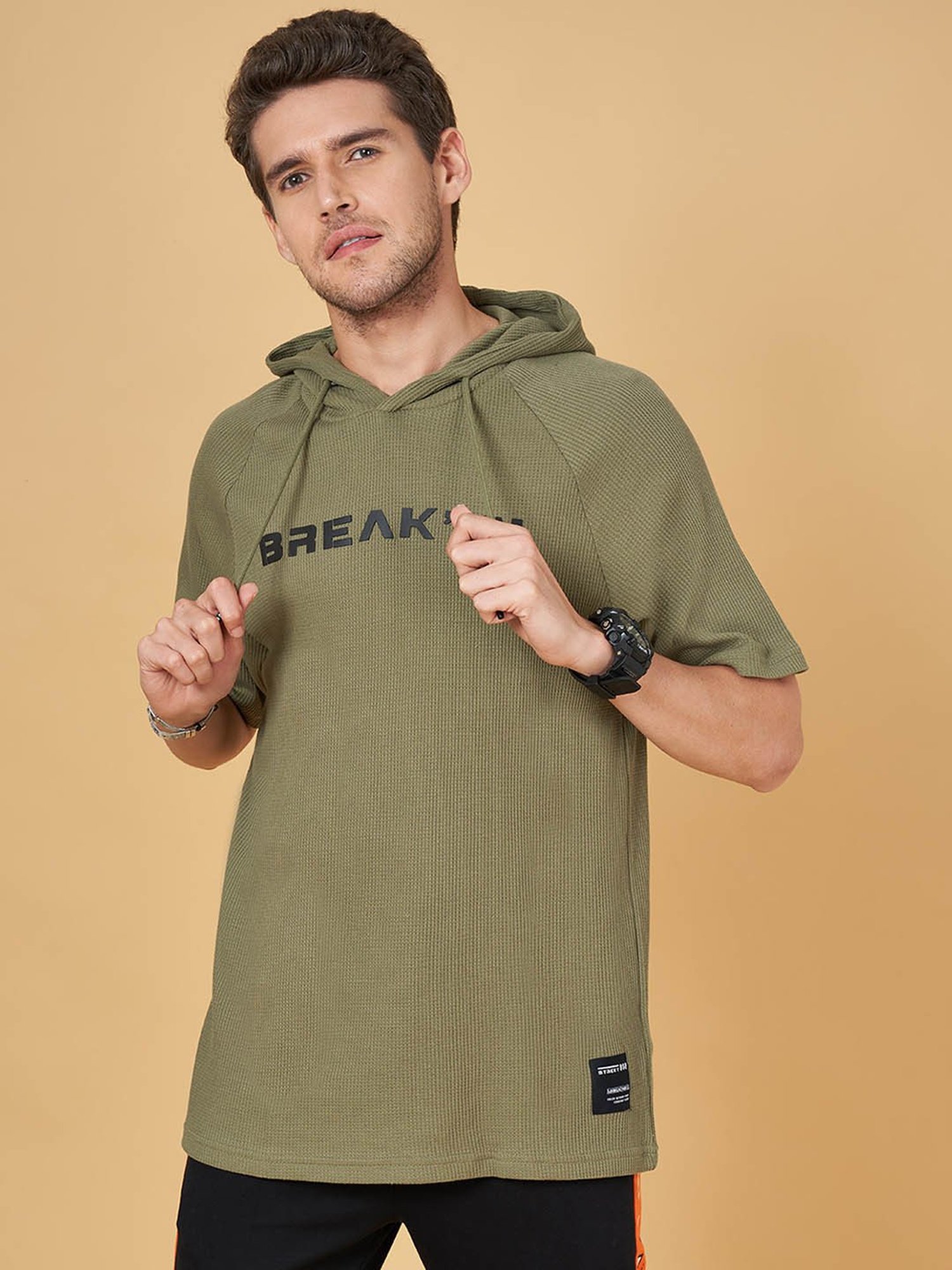 Street 808 by Pantaloons Green Cotton Regular Fit Printed Hooded T-Shirt