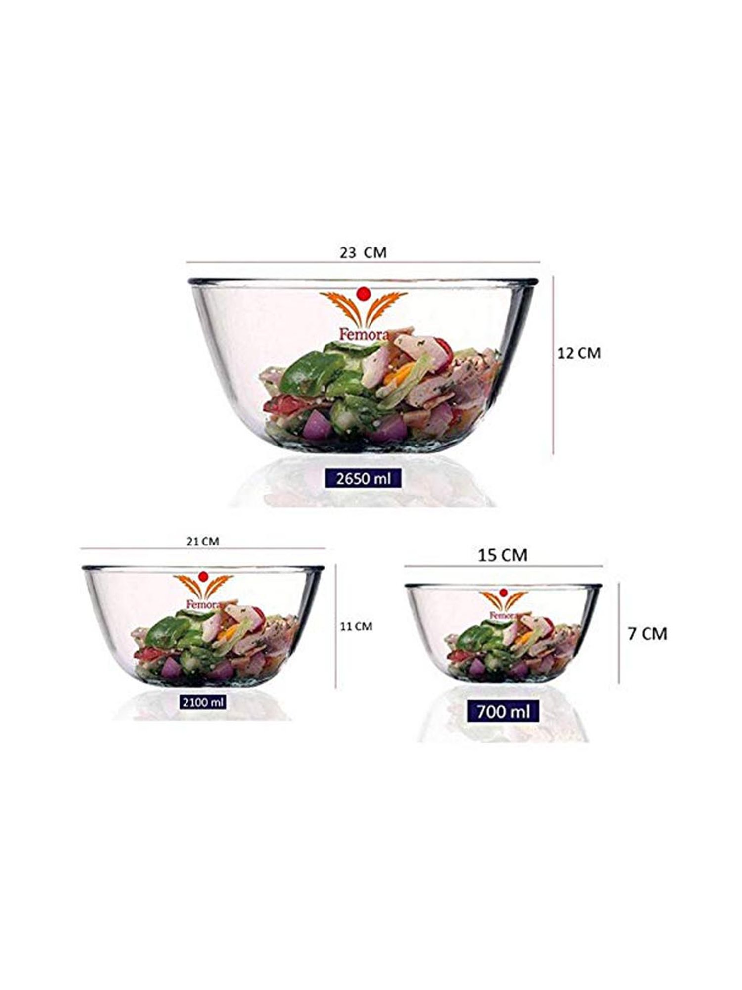 Femora Transparent Borosilicate Glass Mixing Bowls (2100 ml, 700 ml & 2650 ml) - Set of 3