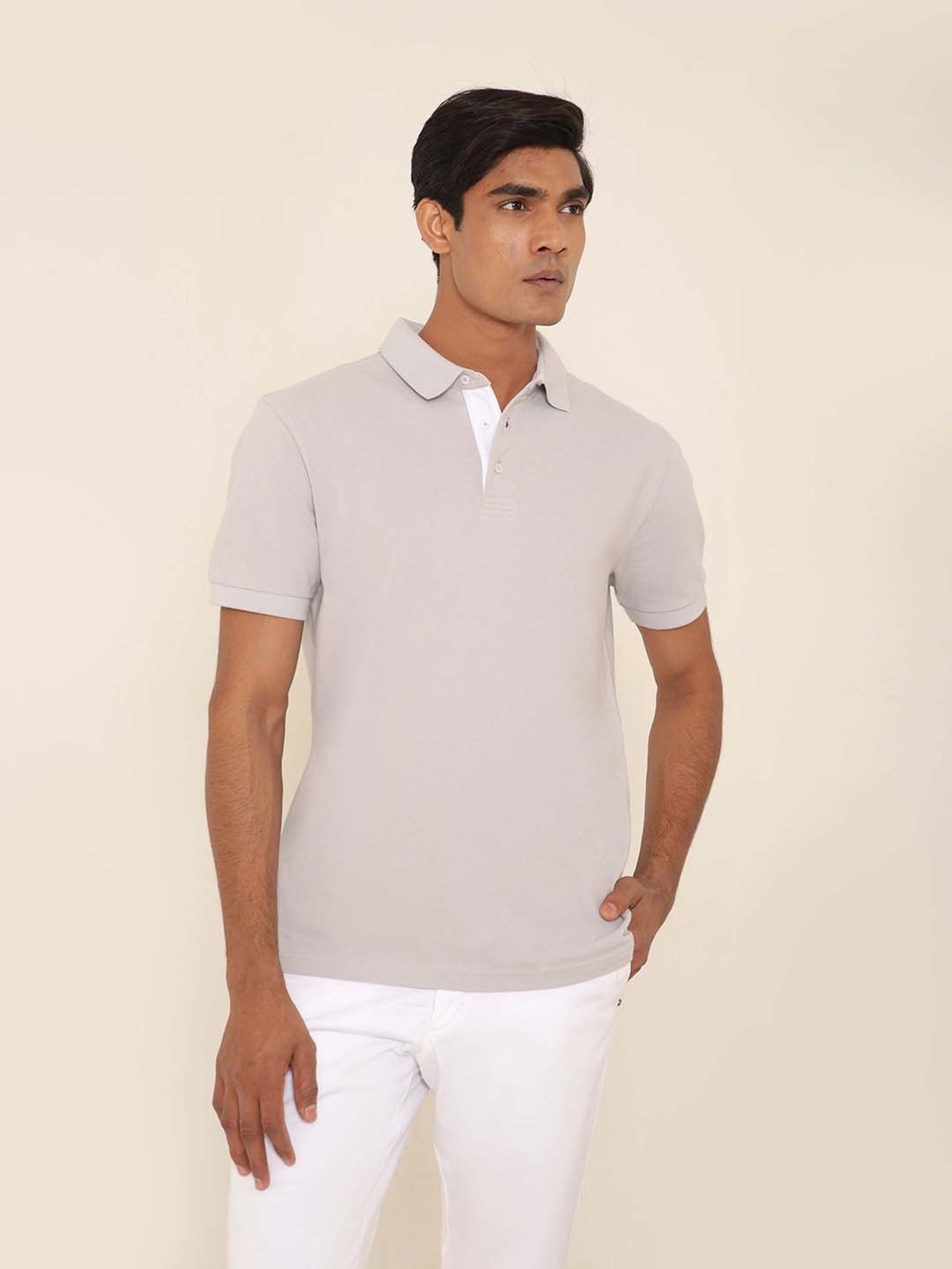 SUBTRACT Light Grey Regular Fit Cotton Polo T-Shirt