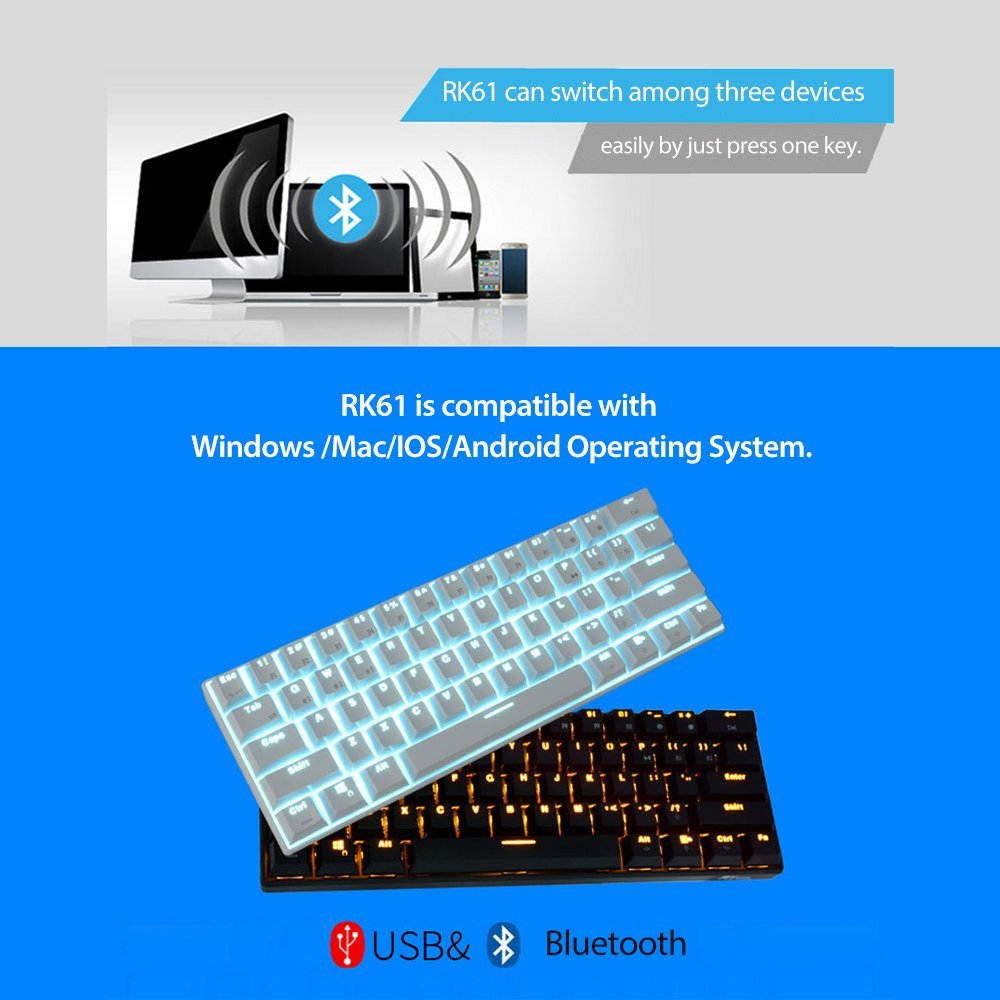 Royal Kludge RK61 Mechanical Bluetooth 3.0 Wired/Wireless 61 Keys Multi-Device LED Backlit Gaming/Office Keyboard for iOS, Android, Windows and Mac with Rechargeable Battery, Blue Switch - Black
