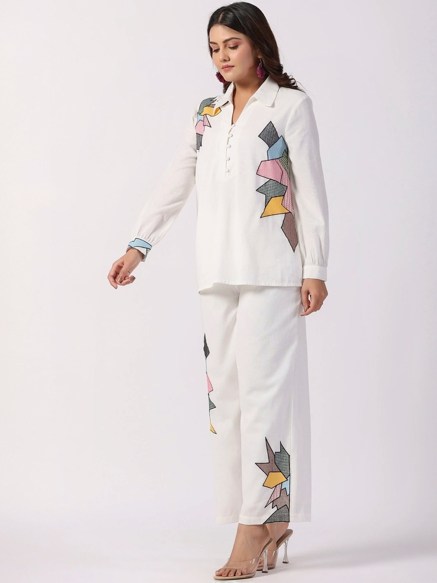 Zolo Label White Cotton Embroidered Top Palazzo Set