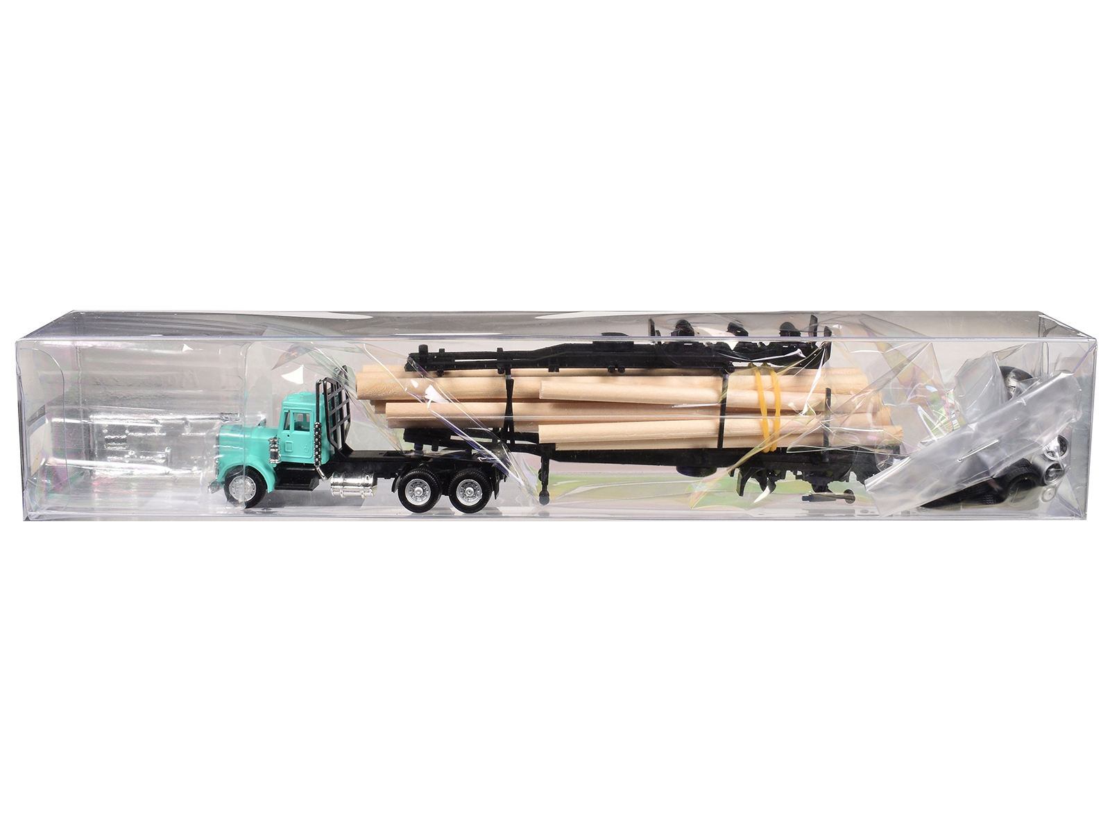 Peterbilt Super B Log Truck and Trailer Blue with Log Accessories 1/87 (HO) Plastic Model Car by Promotex