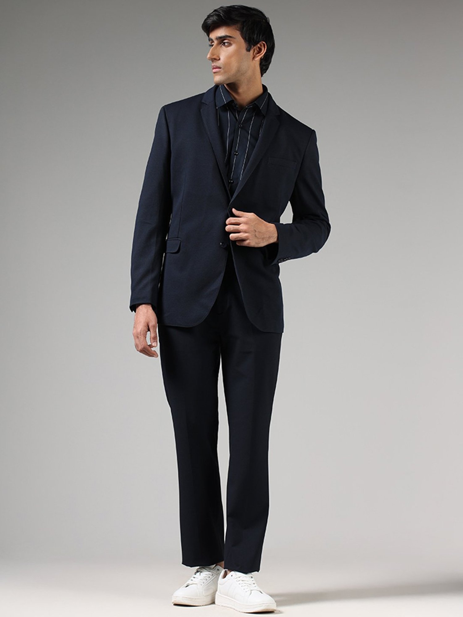 WES Formals by Westside Navy Blue Slim Fit Dobby Blazer
