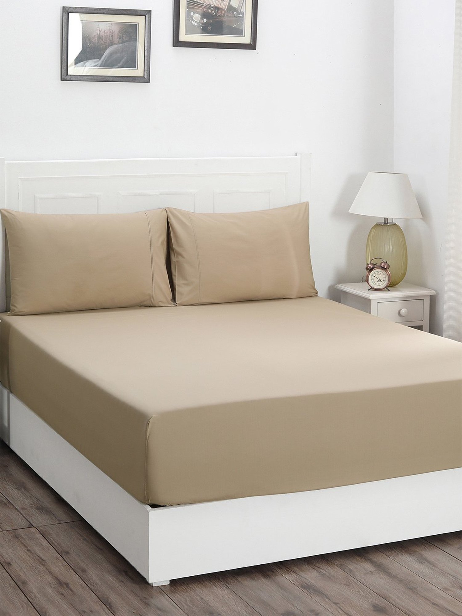 Maspar Colorart Slumber Beige 200 TC Cotton Queen Size Bed Sheet with 2 Pillow Cover