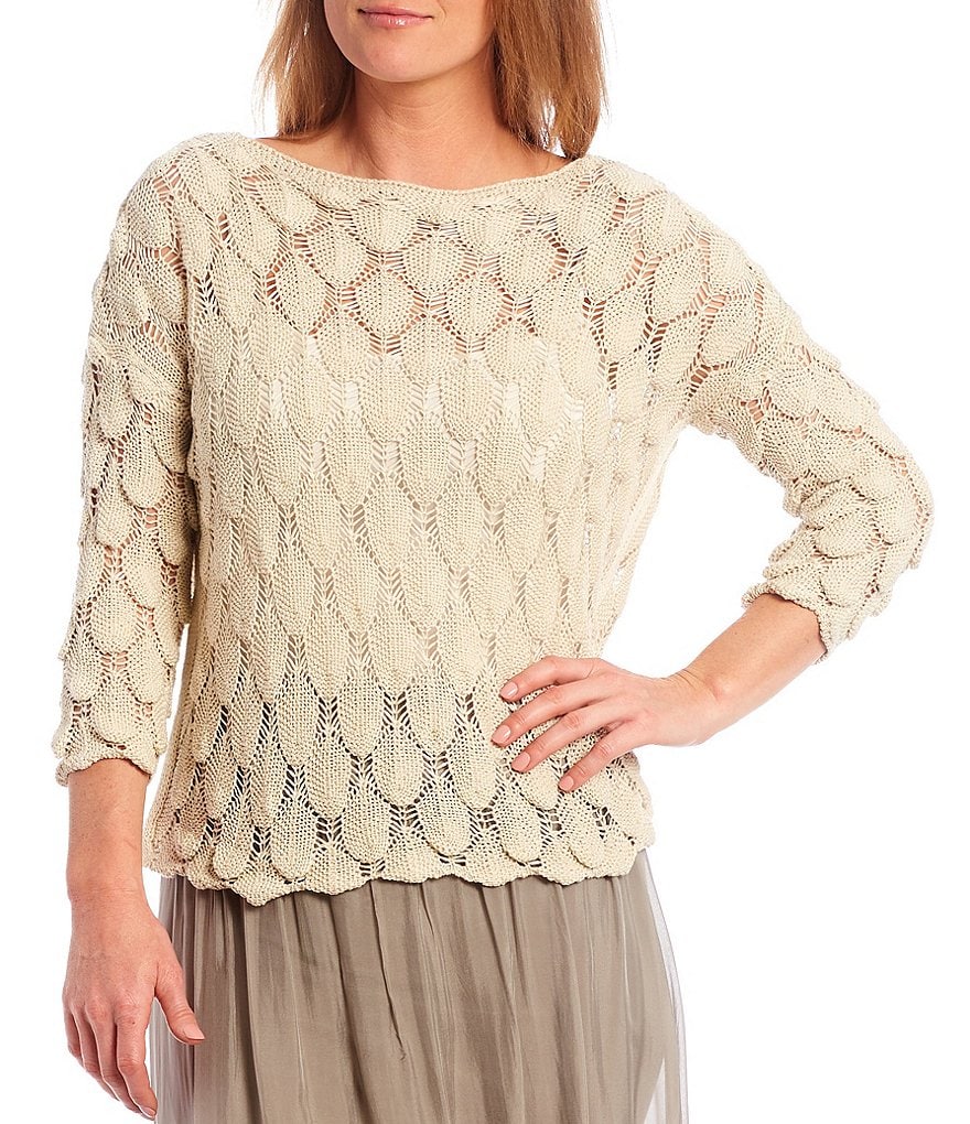 M made In Italy Boat Neck Dolman Sleeve Geometric Knit Top