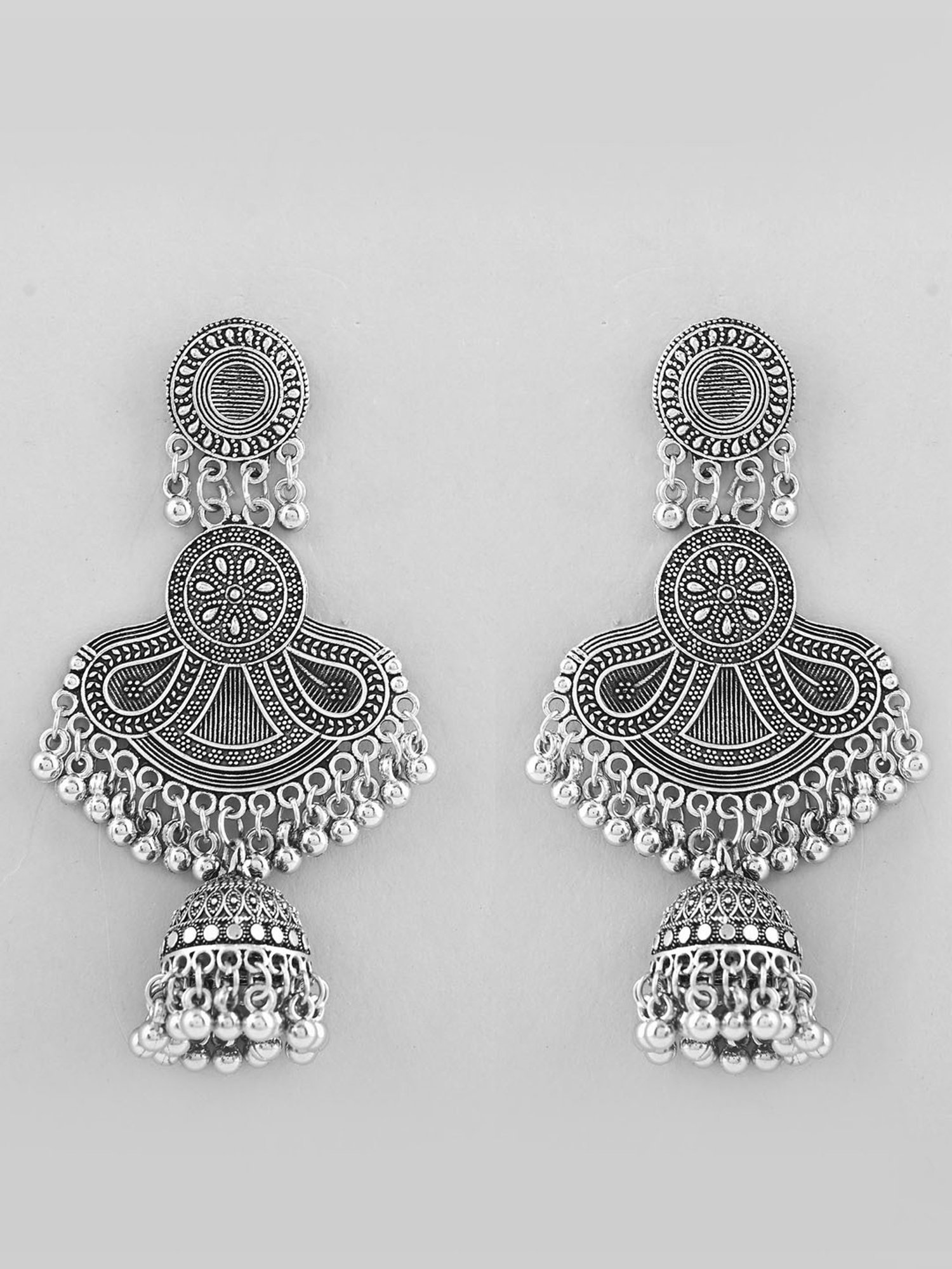 VOJ Silver Plated Oxidized Contemporary Jhumka Earrings for Women