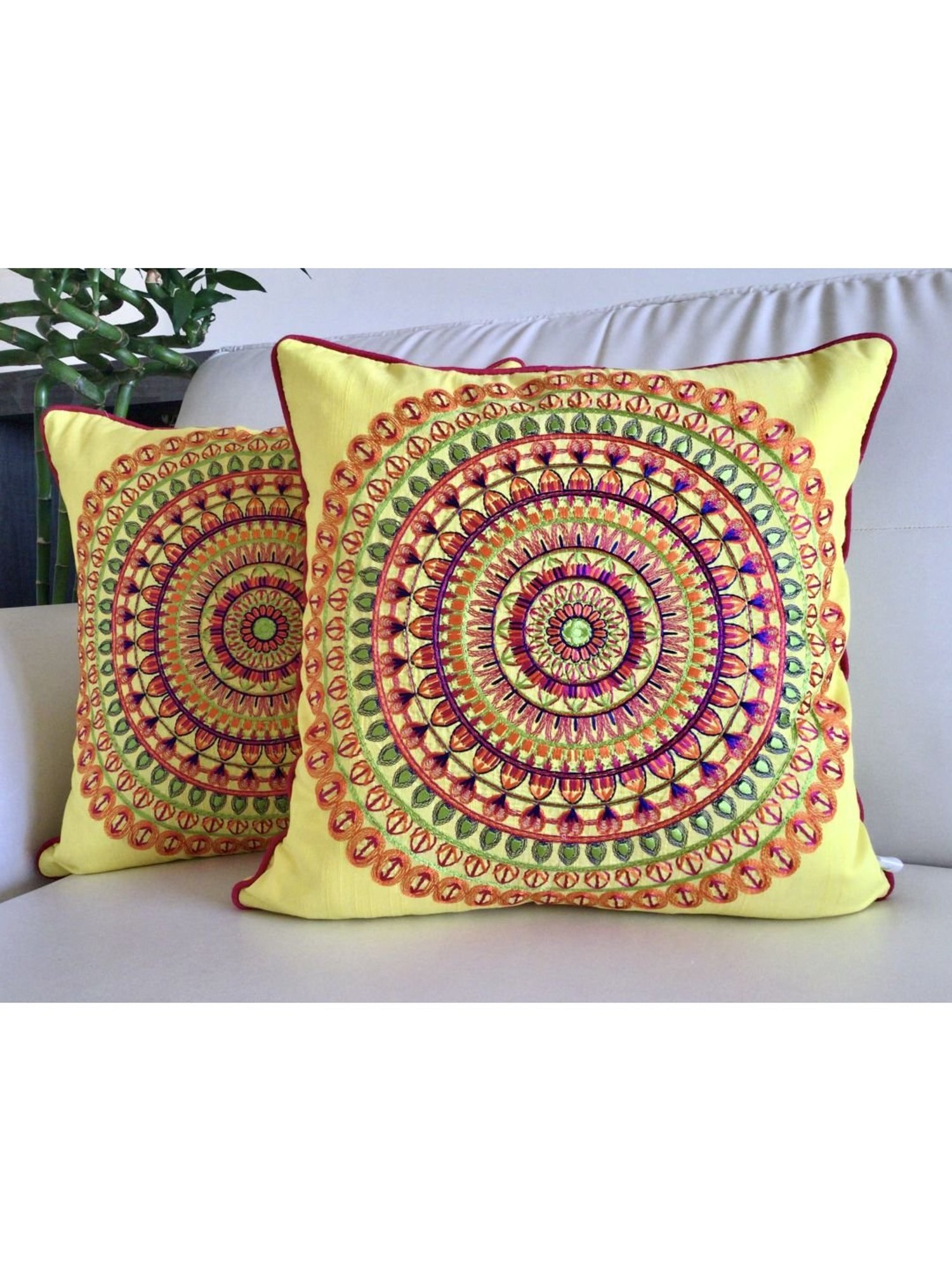 TARA Sparkling Homes Pink Embroidered Cotton Silk Cushion Cover - Set of 2