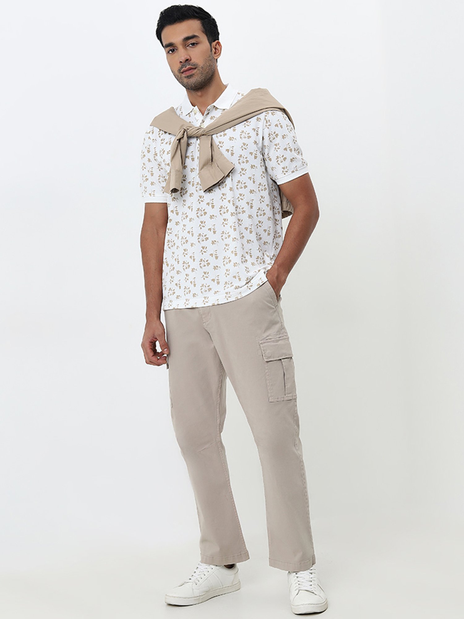 WES Casuals by Westside White Floral Printed Relaxed-Fit Polo T-Shirt