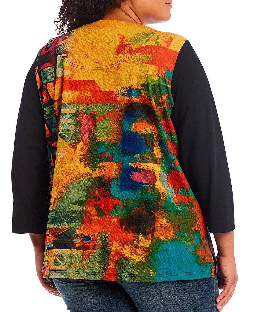 Ali Miles Plus Size Abstract Print Colorblock Zip Pocket Scoop Neck 3/4 Sleeve Tunic