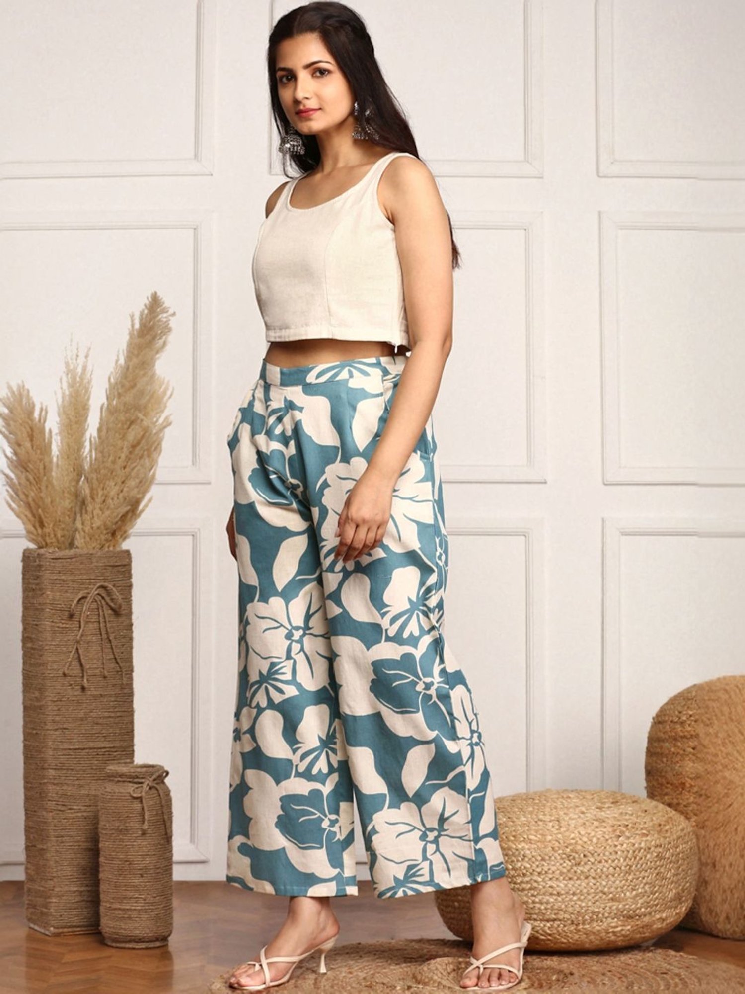 Ishin Blue & White Floral Print Top & Palazzo Set with Jacket