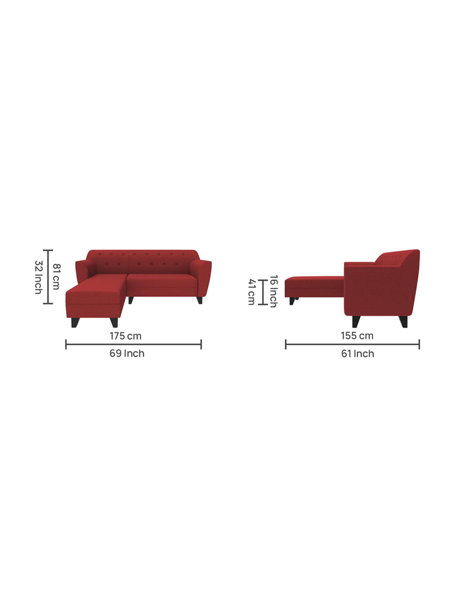 Trevi Red Fabric & Neem Wood 5 Seater LHS Sectional Sofa