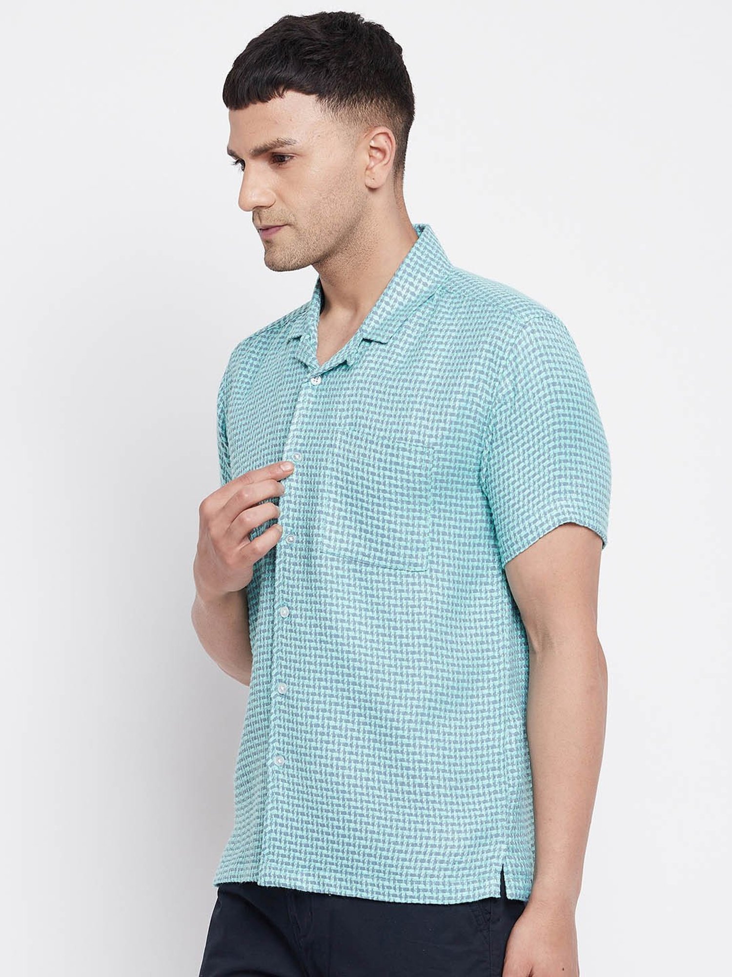 Even Turquoise Regular Fit Printed Shirt