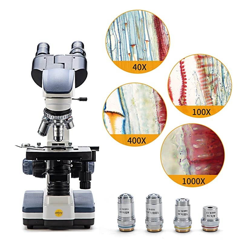 Binocular Compound Microscope SW350B, 40X-2500X Magnification,Siedentopf Head,Research-Grade,Two-Layer Mechanical Stage,1.3mp Camera and Software Windows and Mac Compatible