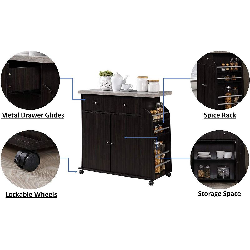 Hodedah Kitchen Island Cabinet Drawer Storage with Large Spice and Towel Rack with Wheels, Chocolate