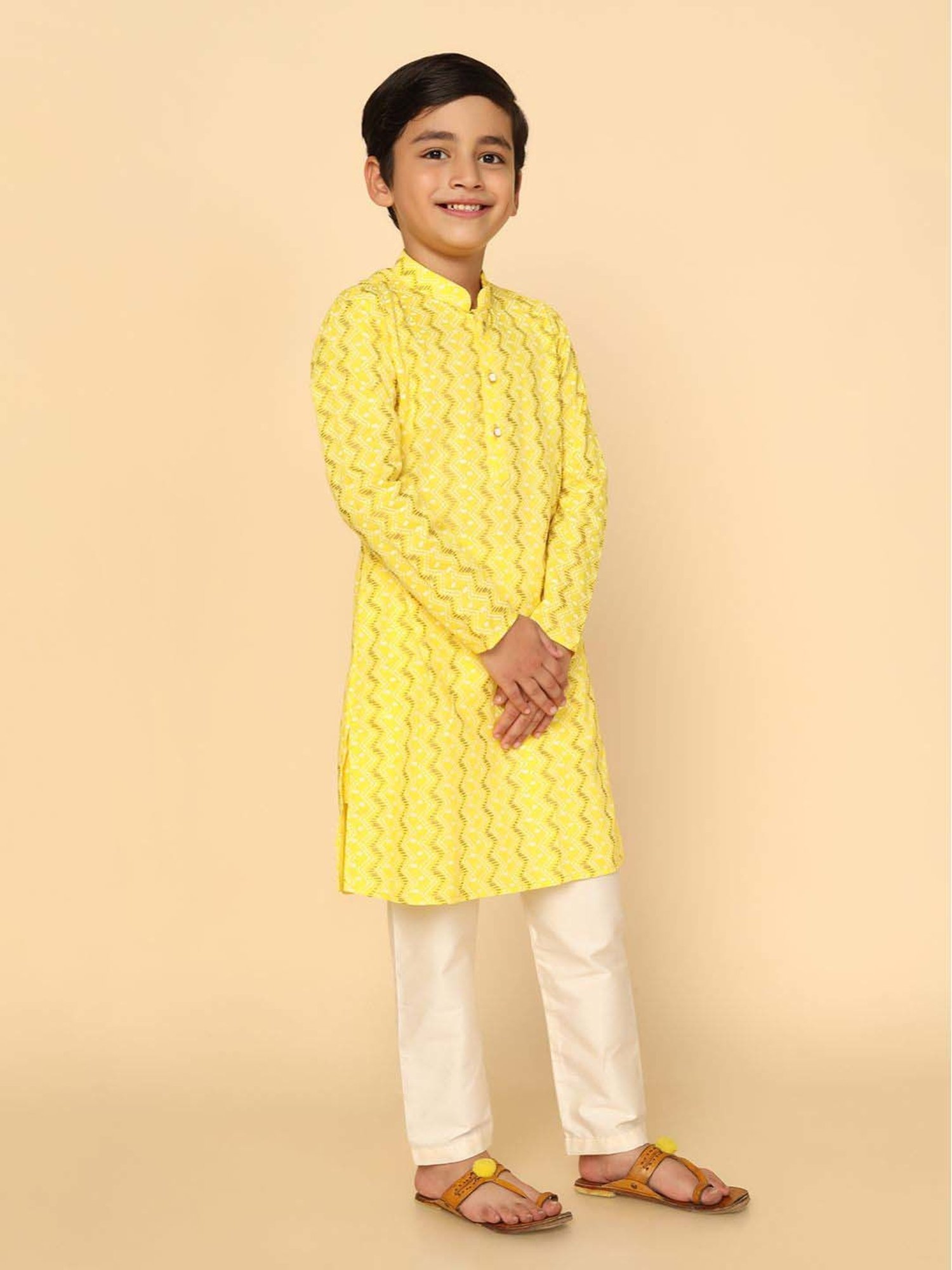 KISAH Kids Yellow Cotton Printed Full Sleeves Kurta