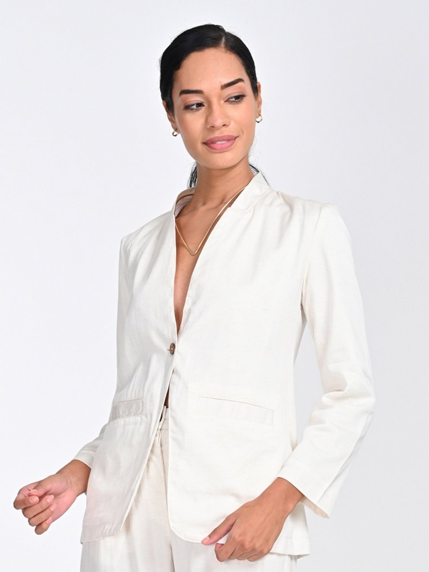 Saltpetre Women Tencel Solid Cream No Lapel V Neck Collar Blazer