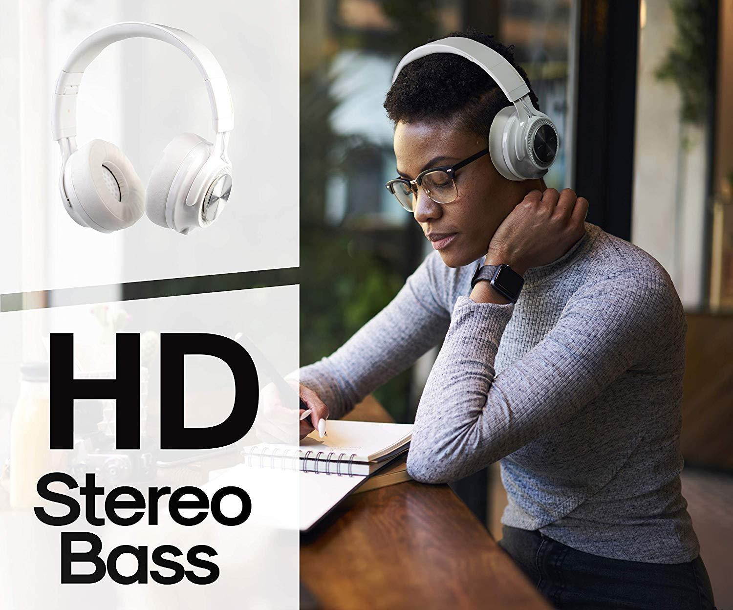 PowerLocus P3 Wireless Bluetooth Headphones Over-Ear, Foldable Stereo Wireless/Wired Headphone Over Ear with Mic Deep Bass Headset for iOS/Android/Laptop/PC/TV - White