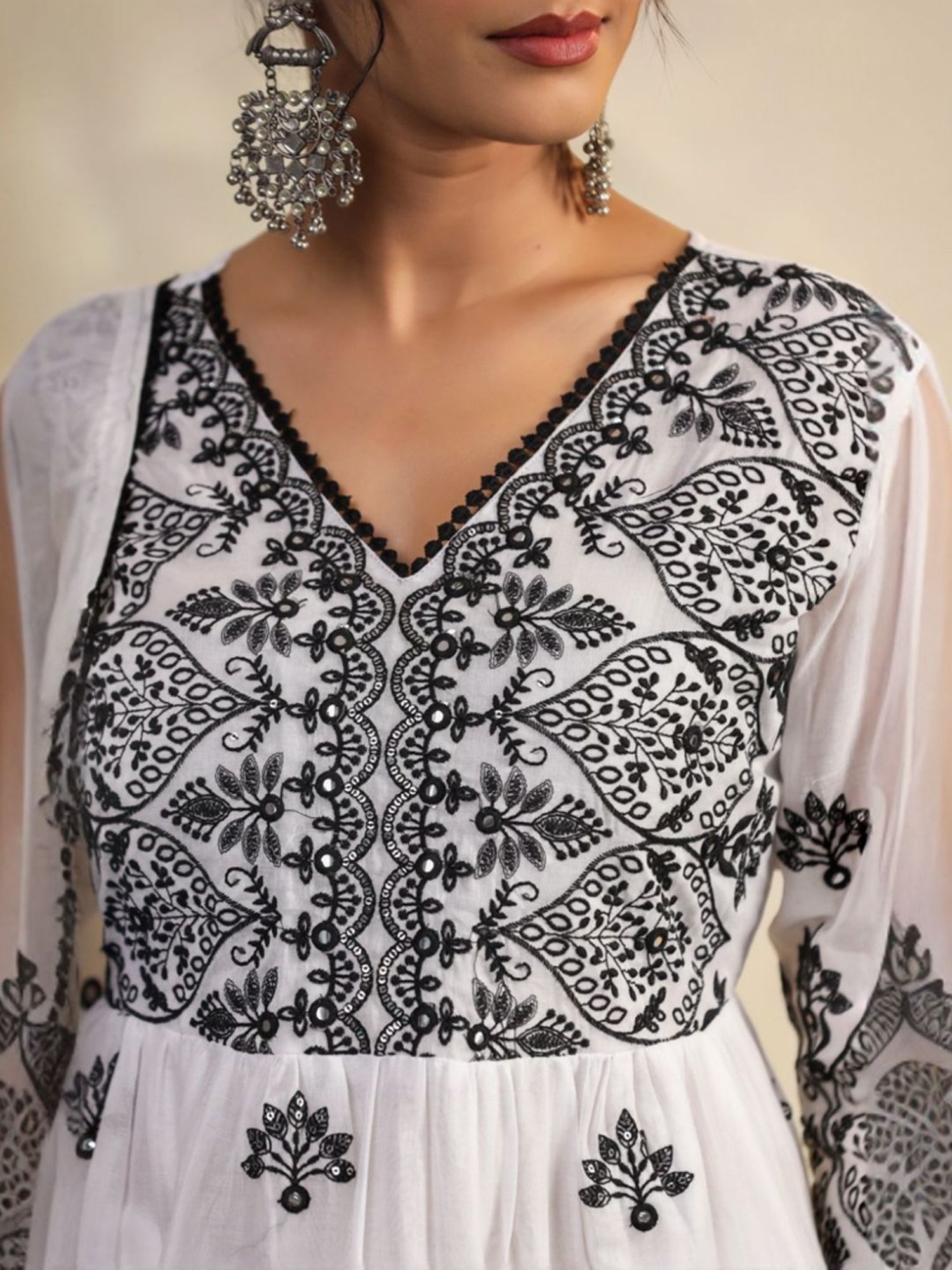 SCAKHI White Mulmul Sequin And Mirror Embroidered Peplum Kurta With Sharara And Dupatta