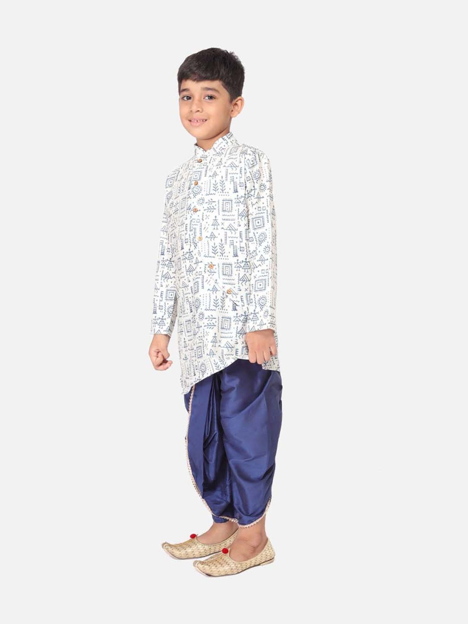 TABARD Kids White & Blue Cotton Printed Kurta Set