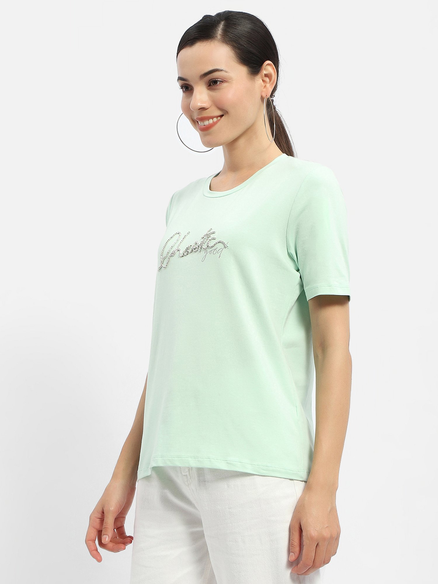 MADAME Mint Green Cotton Embellished T-Shirt