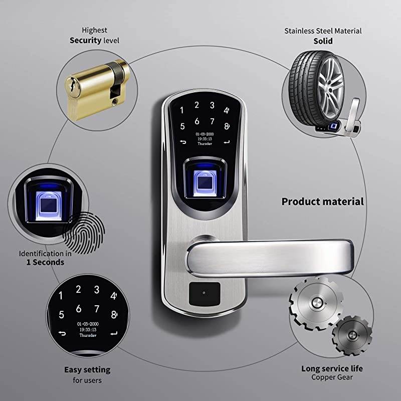 V8 Fingerprint Keyless Entry Smart Door Lock Stainless Steel Touchscreen with Electronic Keypads, Spare Key, Two-Factor Authentication, Biometric Digital Auto-Lock, Right Handle Only