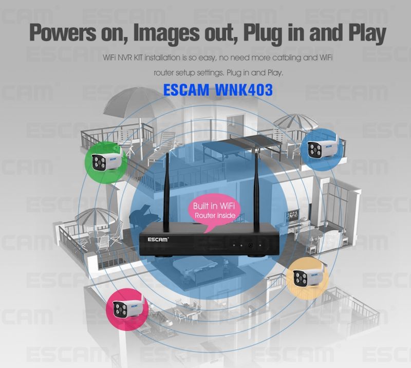 ESCAM WNK403 4CH WiFi NVR Kit P2P 1080P Access Point Outdoor IR Night Vision IP Camera System