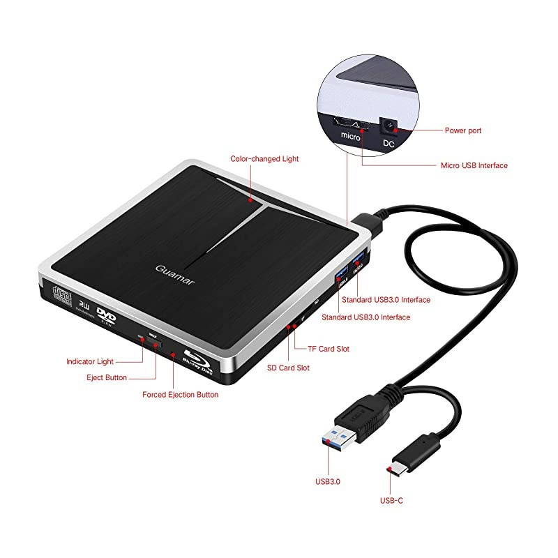 External Bluray DVD Drive, USB 3.0 and Type-C Blu-Ray Writer Portable DVD Burner Slim 3D Bluray BD CD DVD Drive Player for Laptop Mac OS PC Desktop Windows Support SD/TF Card Reader