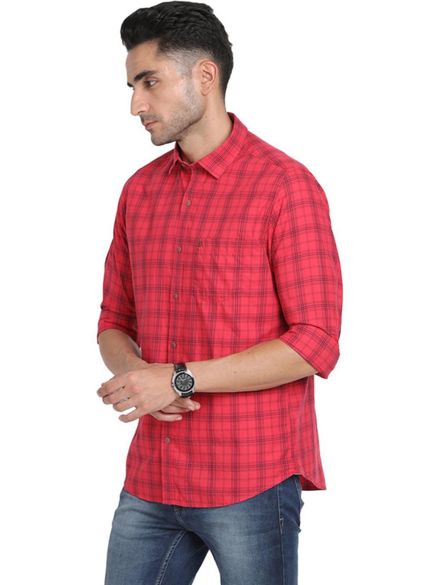 Turtle Red Cotton Slim Fit Checks Shirts