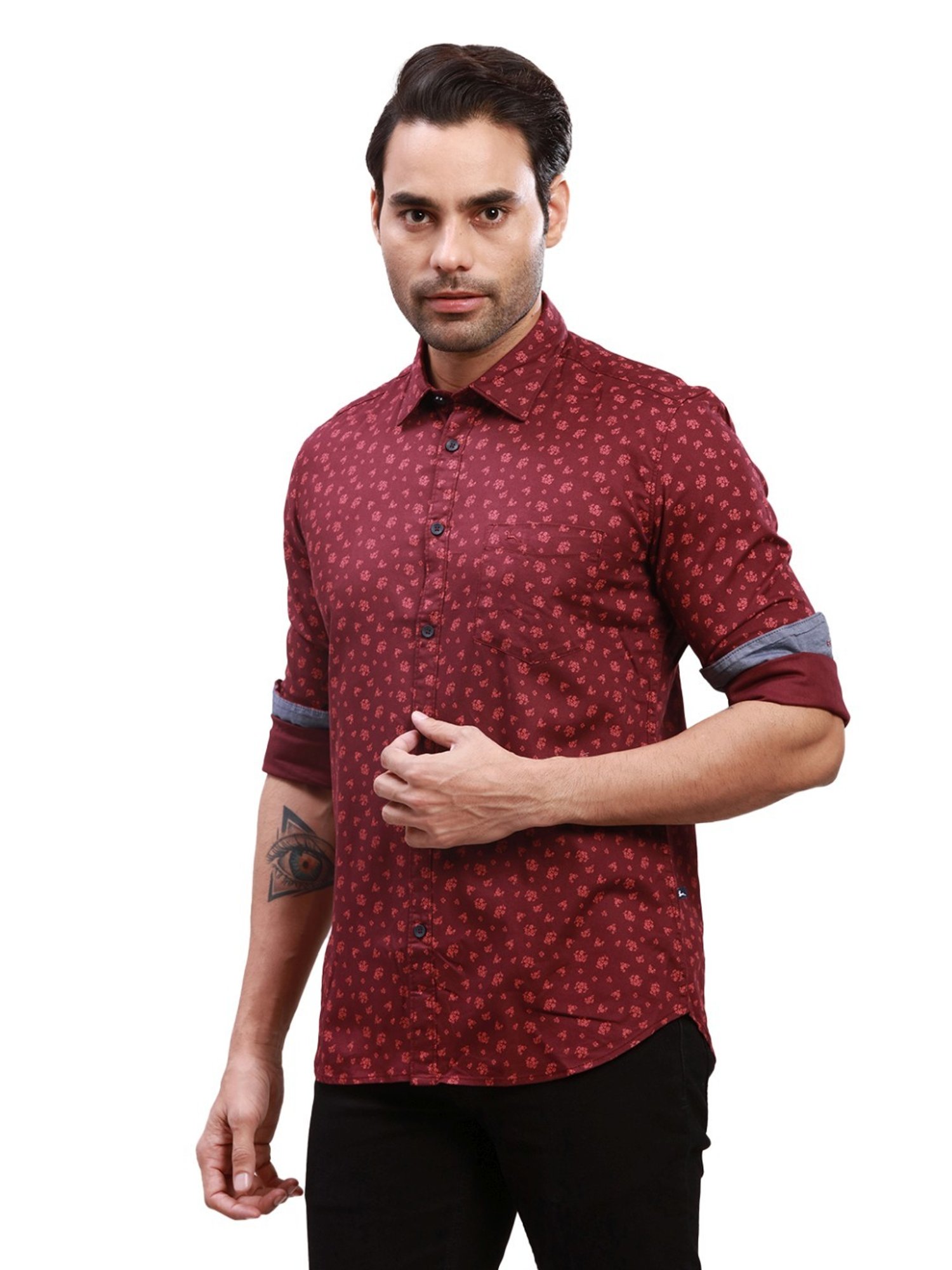 Parx Red Cotton Slim Fit Printed Shirt