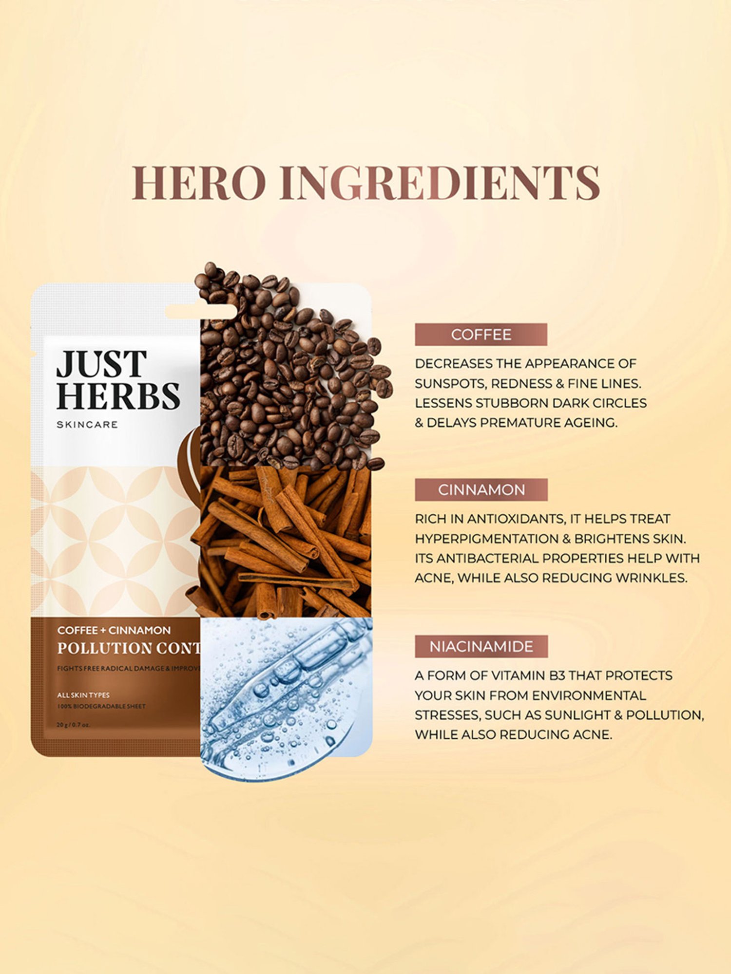 JUST HERBS Coffee + Cinnamon Pollution Control Sheet Mask