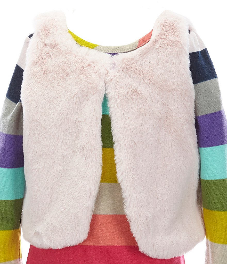 Rare Editions Little Girls 2T-6X Faux-Fur Vest & Striped Hacci Shift Dress Set