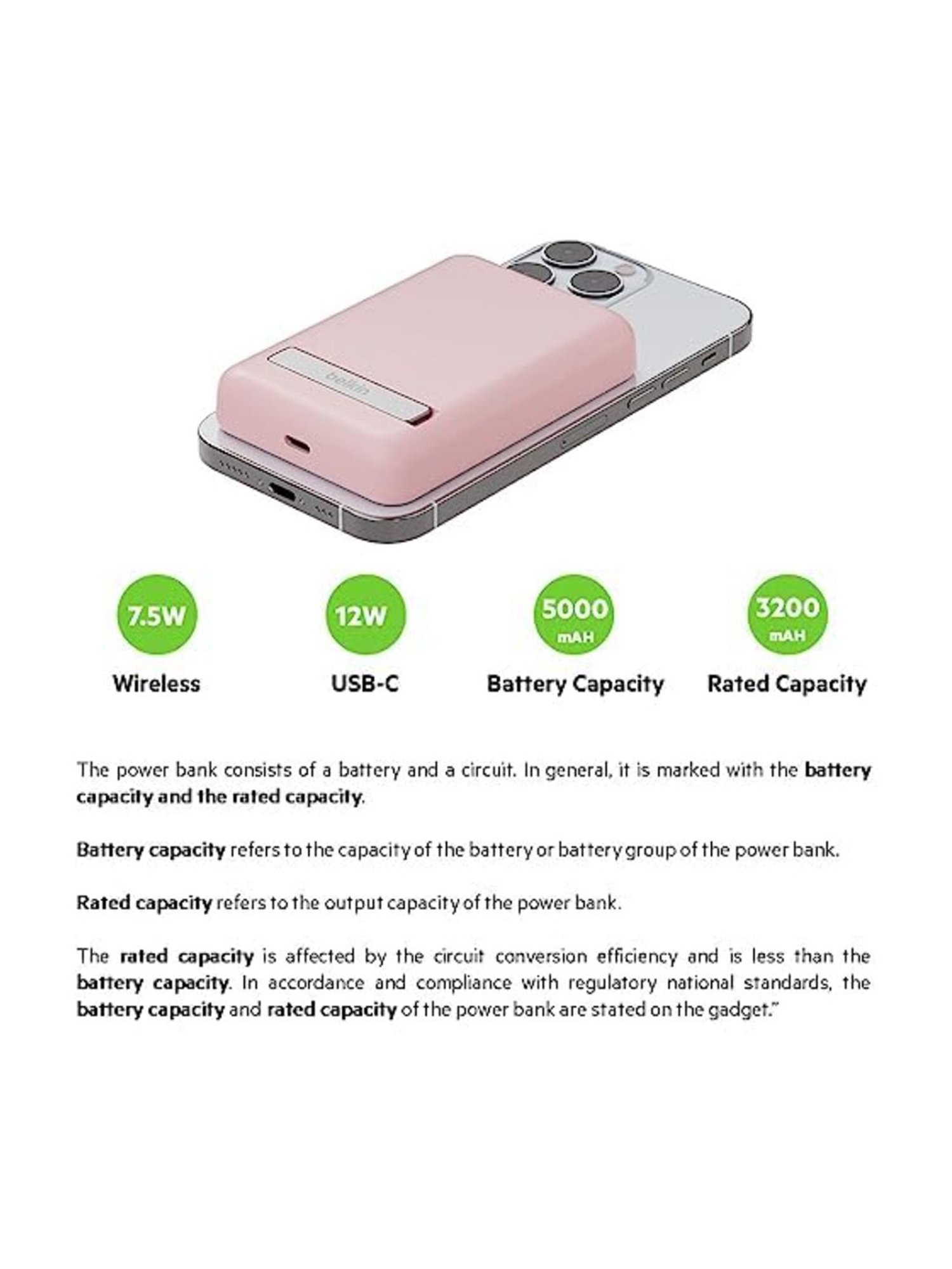 Belkin Quick Charge Magnetic Wireless Power Bank 5000mAh with Stand, Sleek Design (Pink)