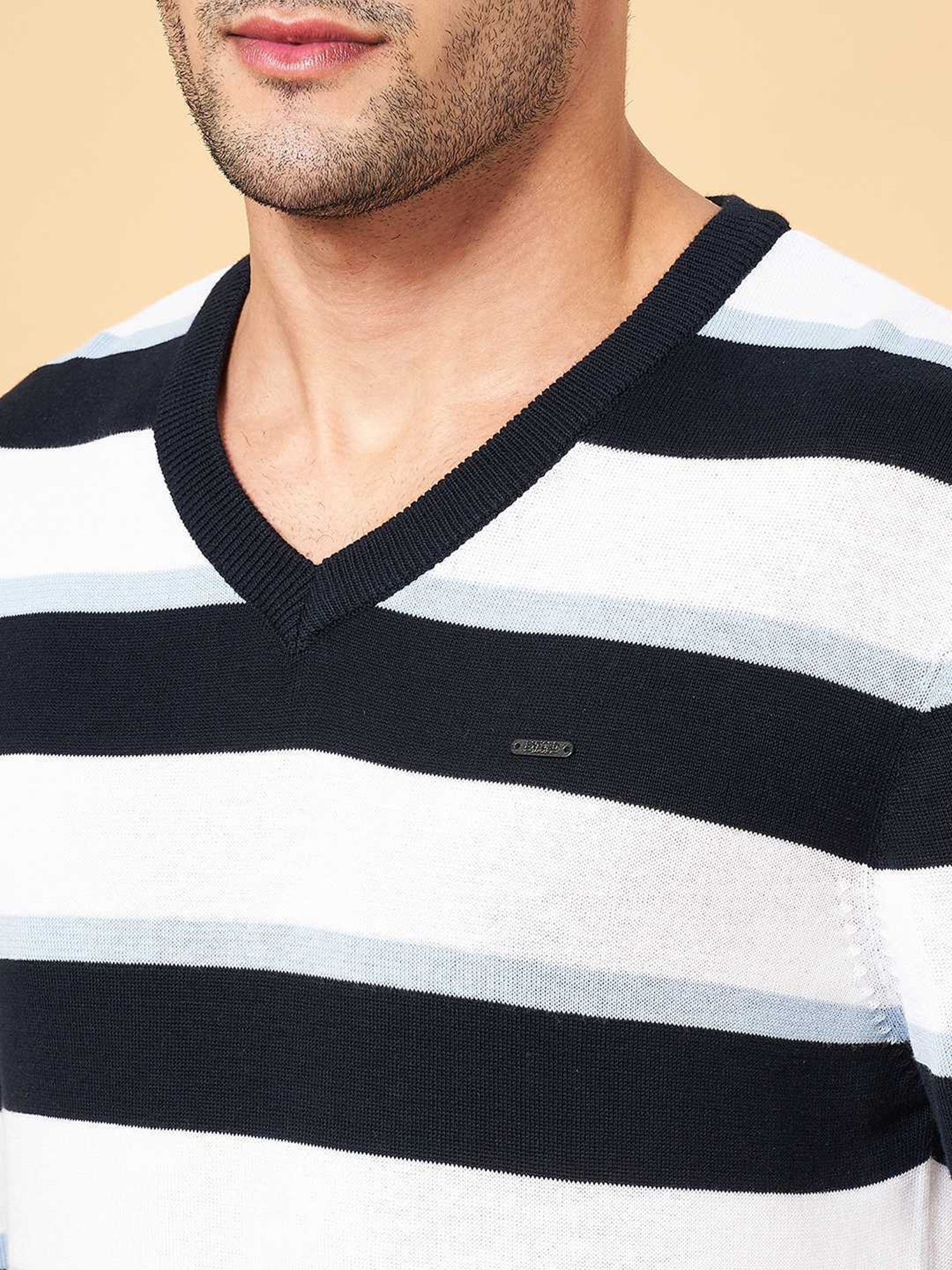 Byford by Pantaloons Blue Cotton Slim Fit Striped Sweater