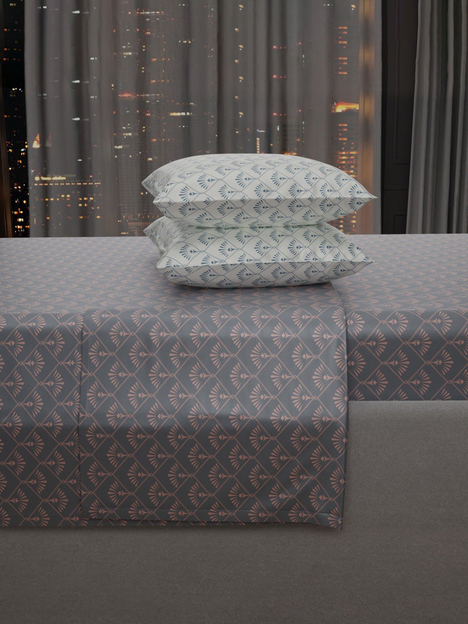 Stoa Paris Elegance Grey Polyester 300 TC Sateen King Size Bed Sheet With 2 Pillow Covers