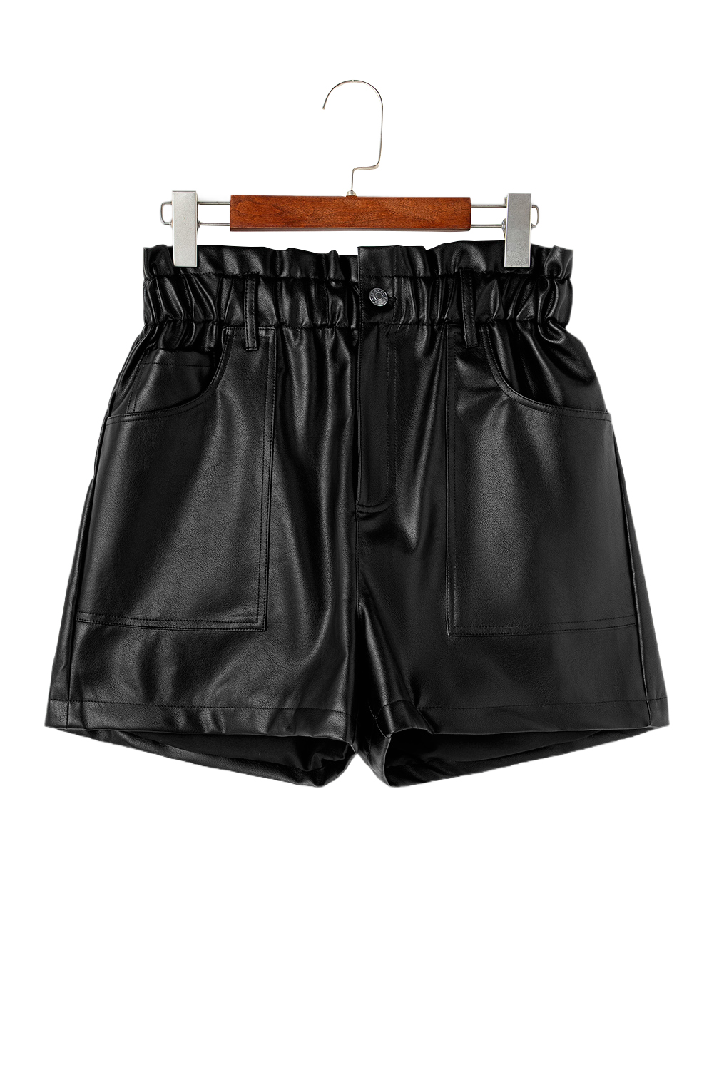 Black Faux Leather Paper Bag Frill Waist Shorts
