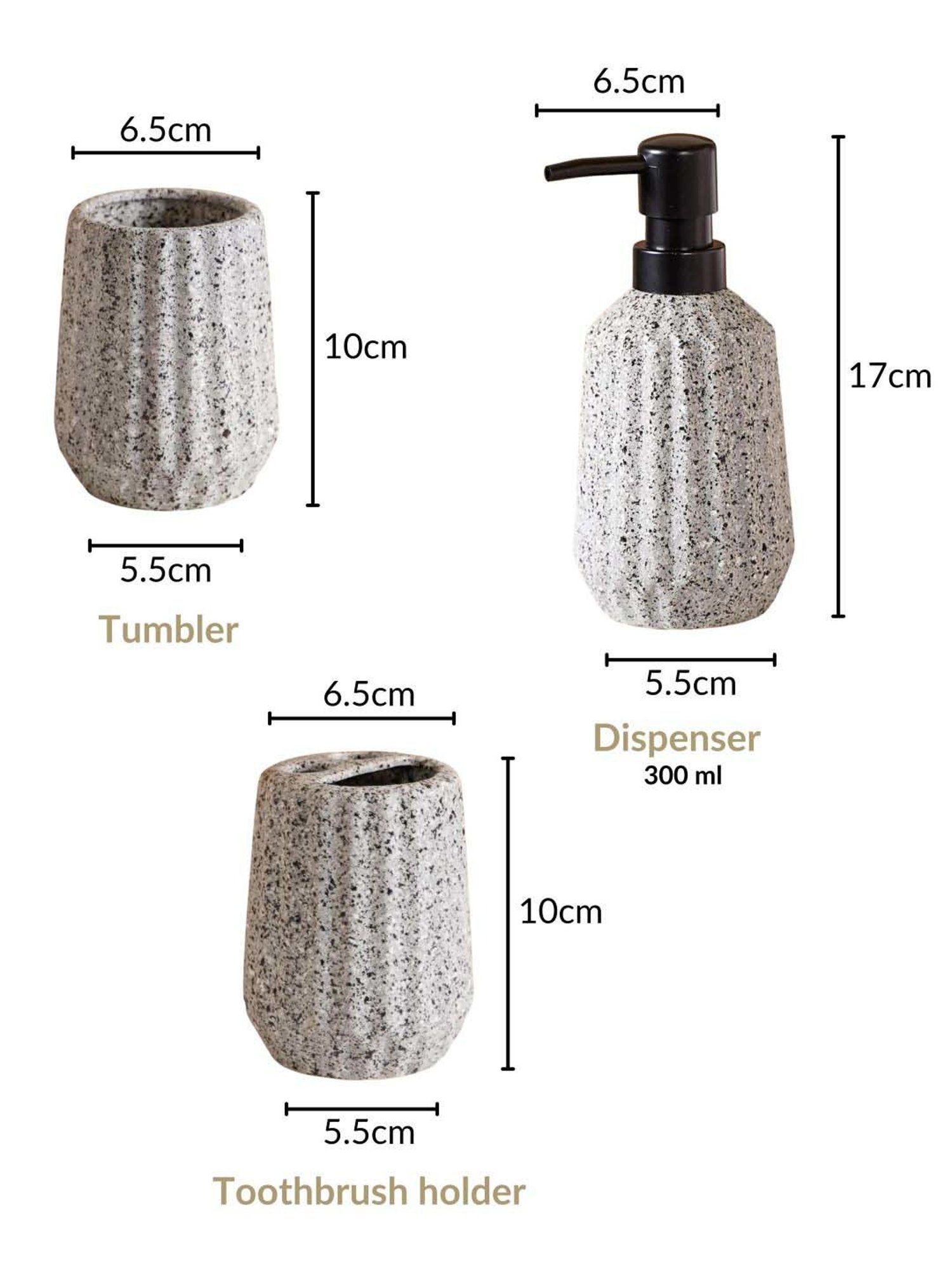 Nestasia Speckled Pattern Ribbed Design Ceramic Bathroom Accessories Set of 3 Granite-Grey