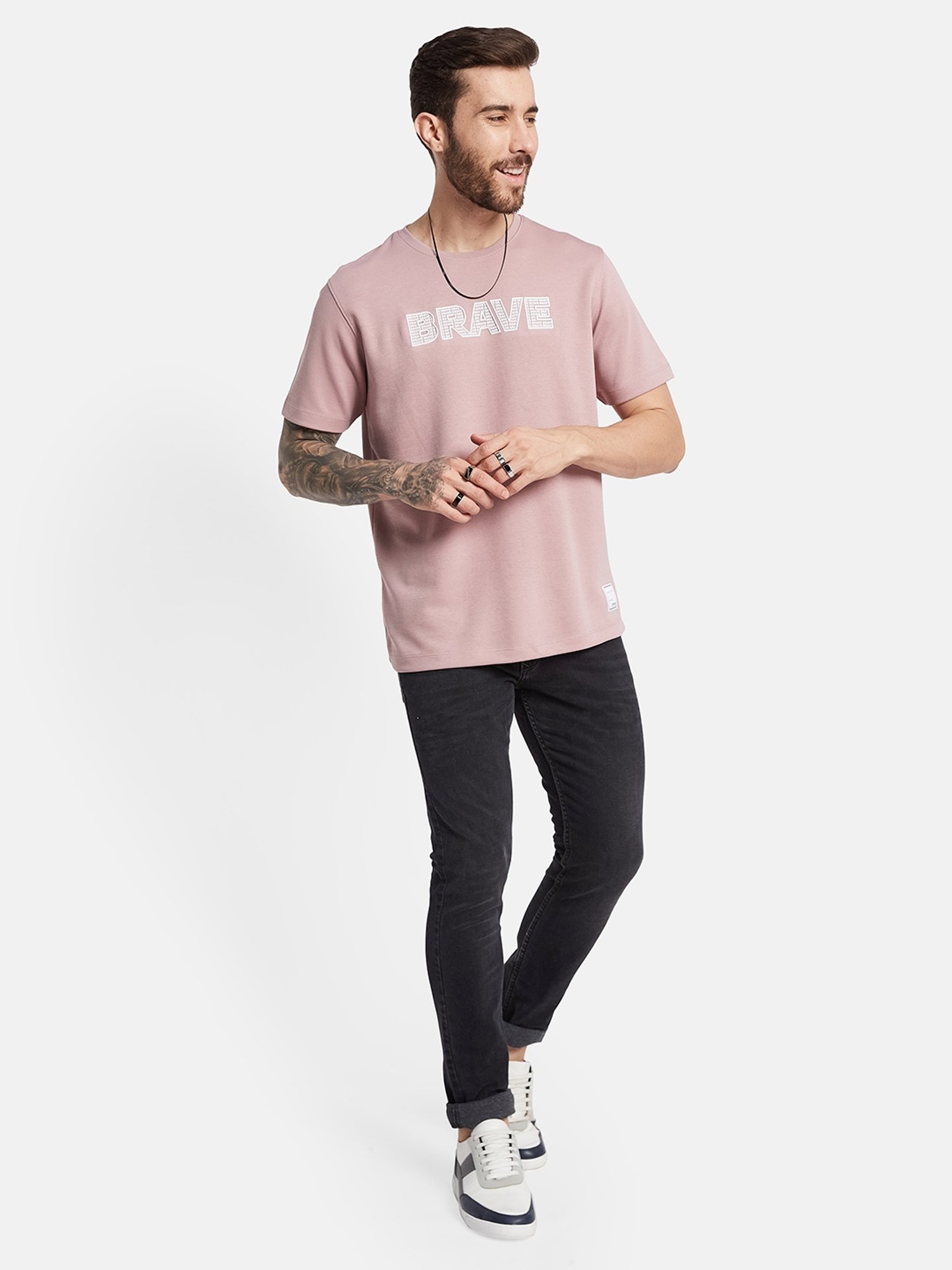 Octave Pink Cotton Regular Fit Printed T-Shirt