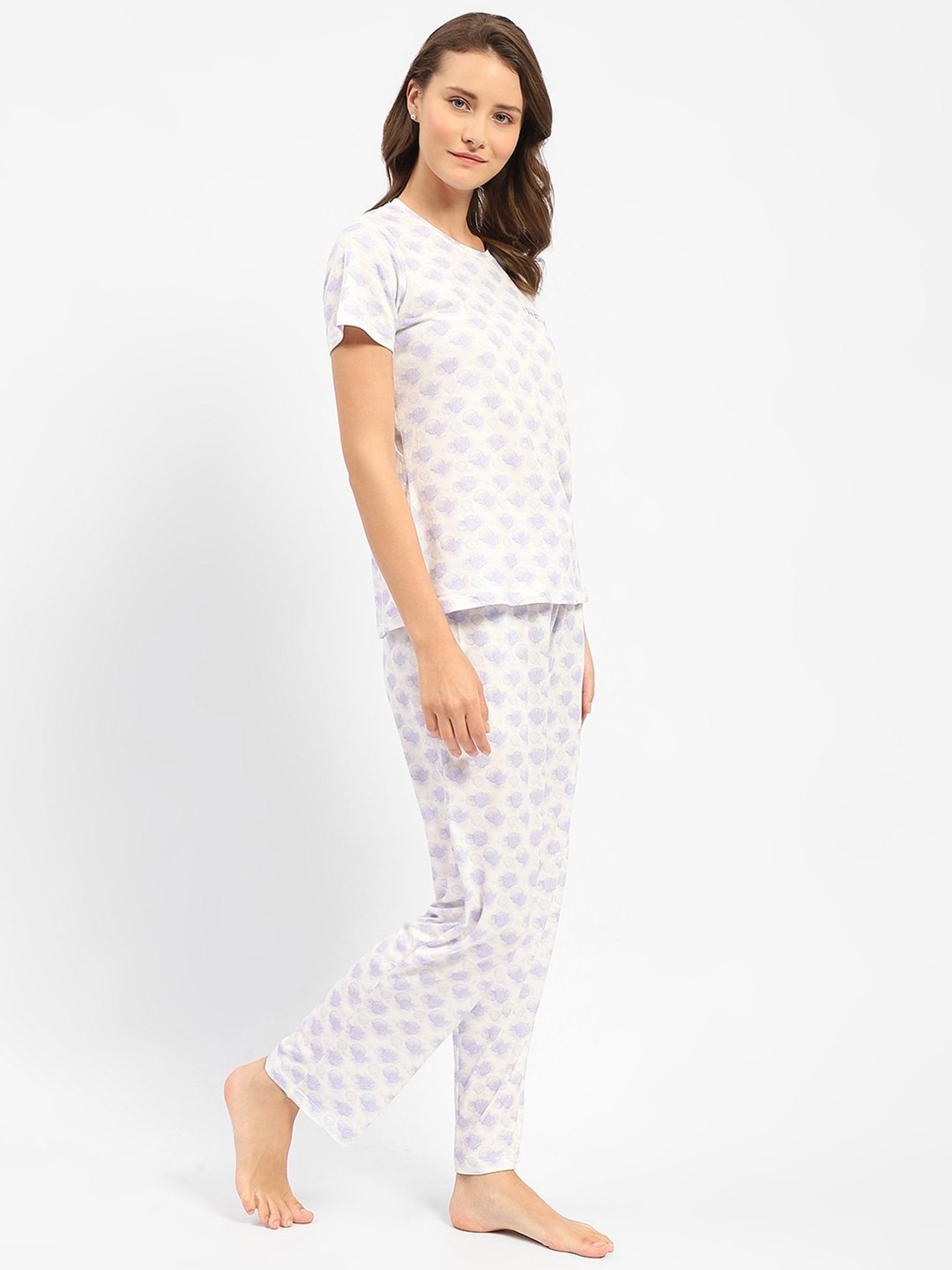 MADAME M Secret Purple & White Printed T-Shirt With Pyjamas