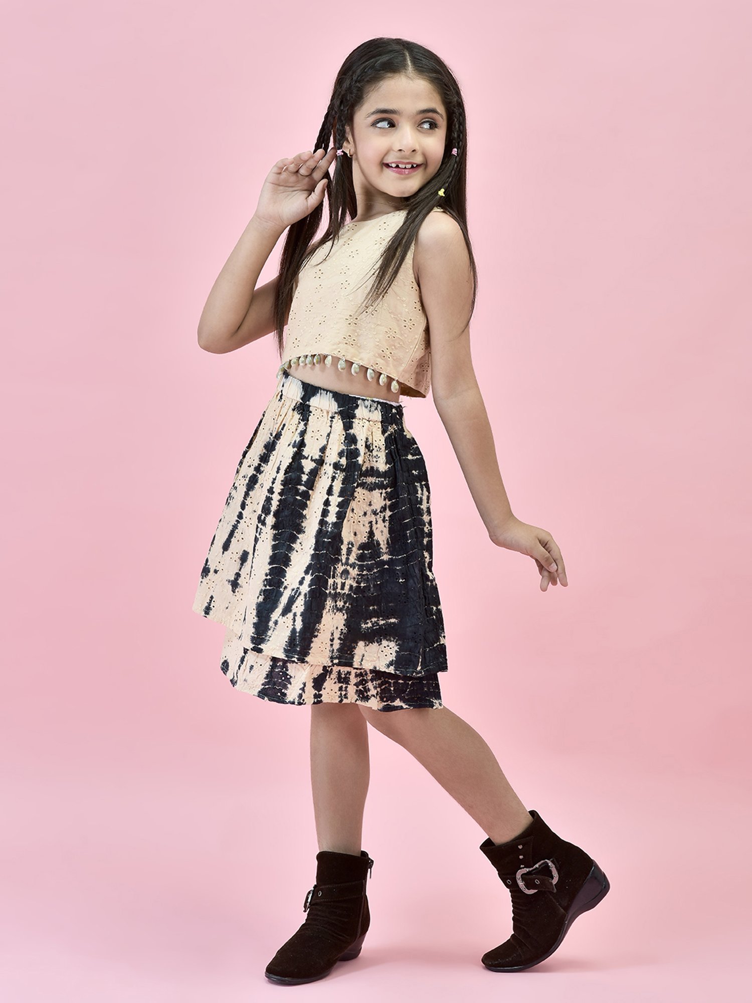 Juniper Girls Beige & Black Self Design Crop Top With Skirt