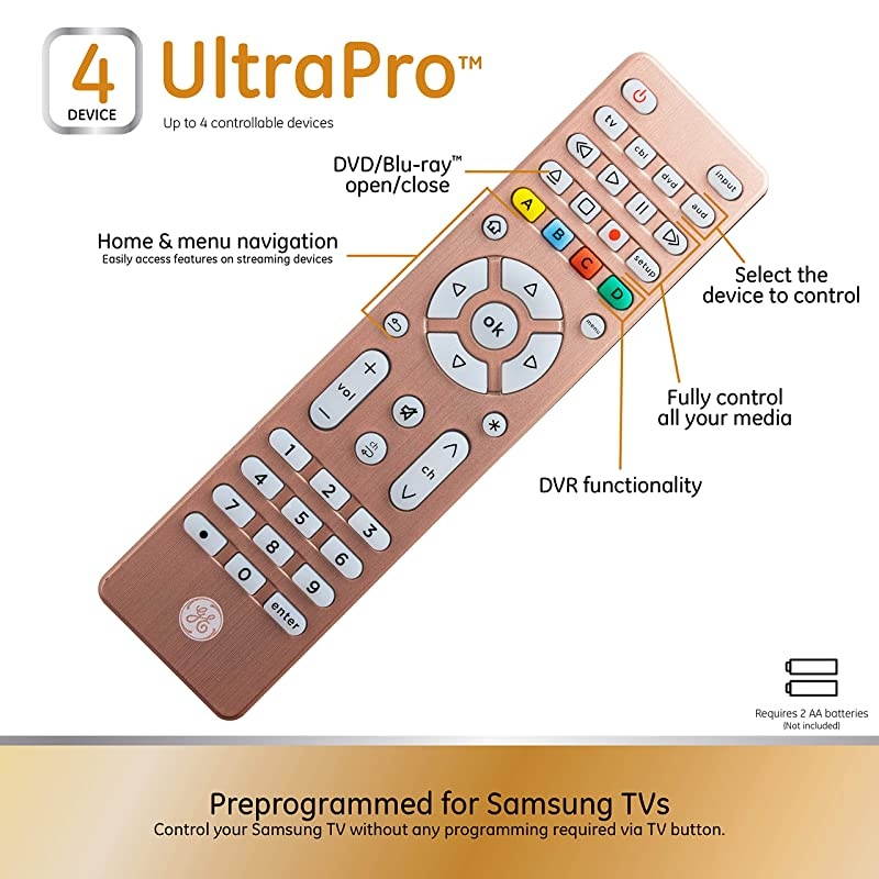 Backlit Universal Remote Control for Samsung, Vizio, LG, Sony, Sharp, Roku, Apple TV, TCL, Panasonic, Smart TV, Streaming Players, Blu-Ray, DVD, Simple Setup, 4-Device, Rose, 48846