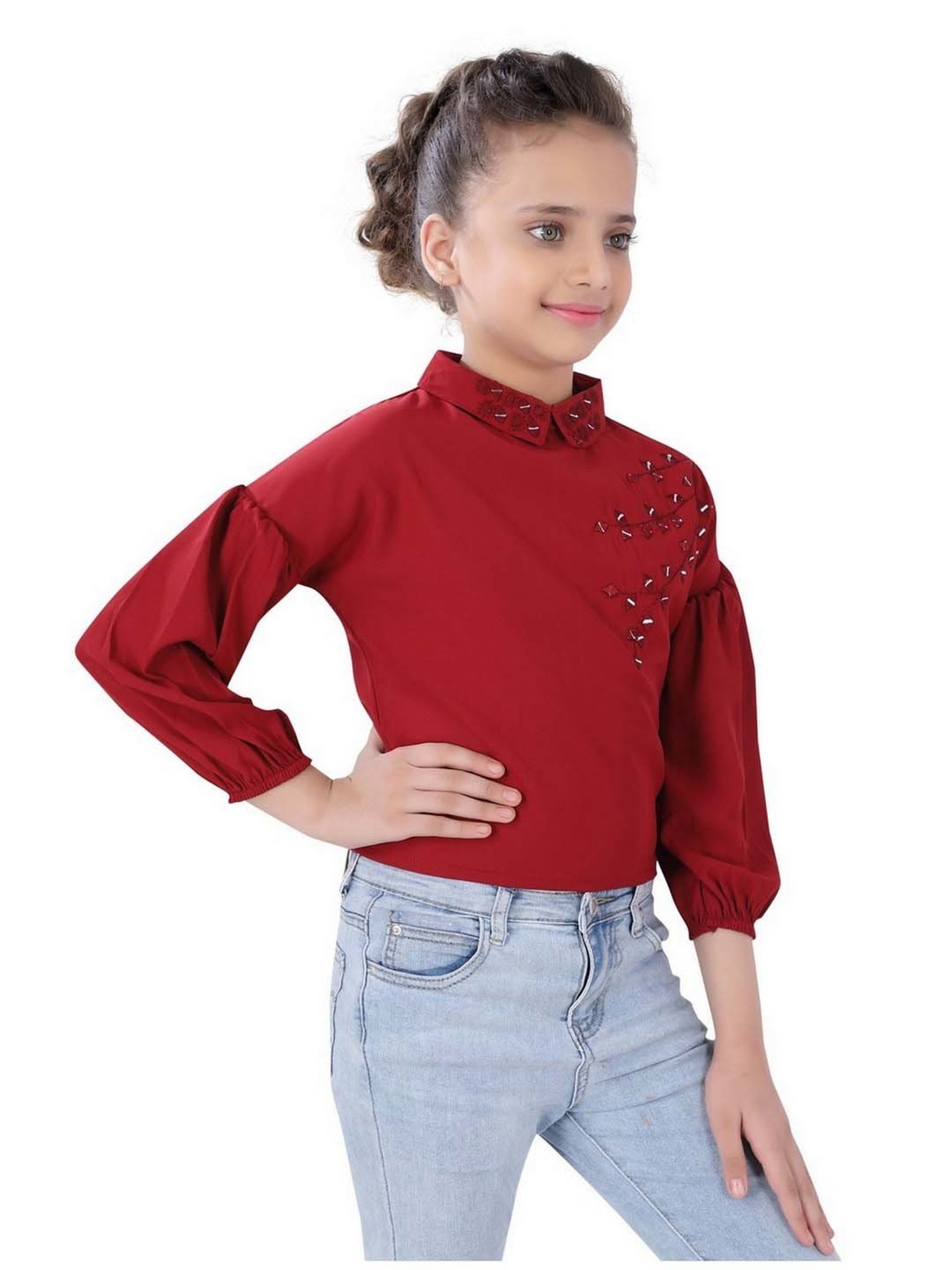 poplins Kids Maroon Cotton Embellished Full Sleeves Top